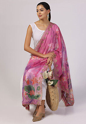 Digital Printed Organza Scalloped Dupatta in Pink