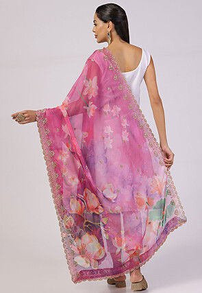 Digital Printed Organza Scalloped Dupatta in Pink