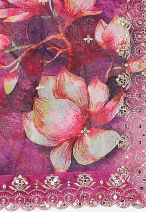 Digital Printed Organza Scalloped Dupatta in Pink