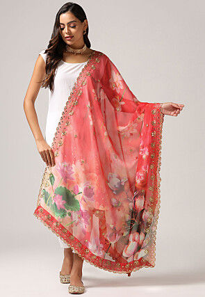 Digital Printed Organza Scalloped Dupatta in Red