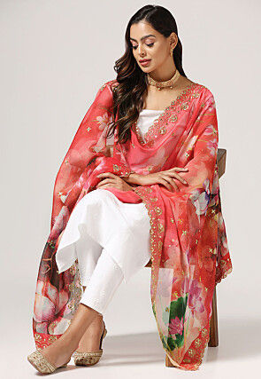 Digital Printed Organza Scalloped Dupatta in Red