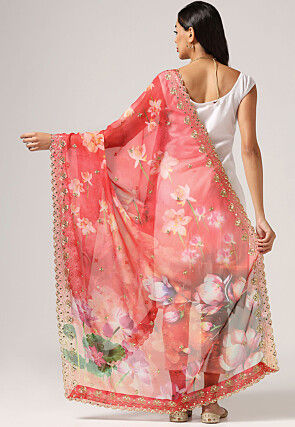 Digital Printed Organza Scalloped Dupatta in Red