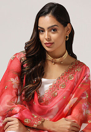 Digital Printed Organza Scalloped Dupatta in Red