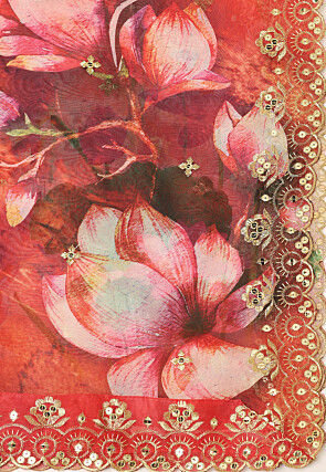 Digital Printed Organza Scalloped Dupatta in Red