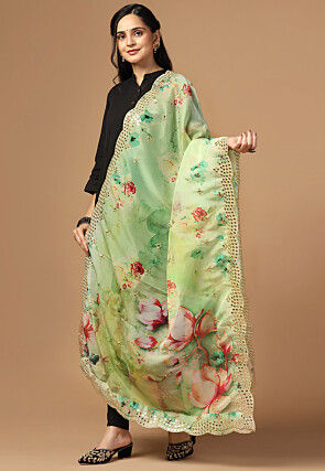 Digital Printed Organza Scalloped Dupatta in Sea Green