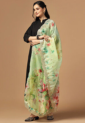 Digital Printed Organza Scalloped Dupatta in Sea Green