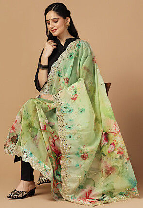 Digital Printed Organza Scalloped Dupatta in Sea Green