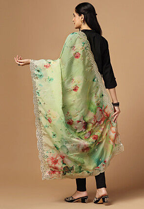 Digital Printed Organza Scalloped Dupatta in Sea Green