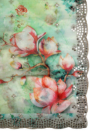 Digital Printed Organza Scalloped Dupatta in Sea Green