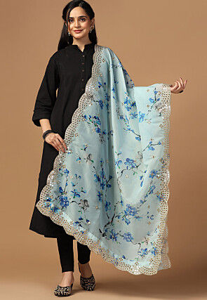 Digital Printed Organza Scalloped Dupatta in Sky Blue