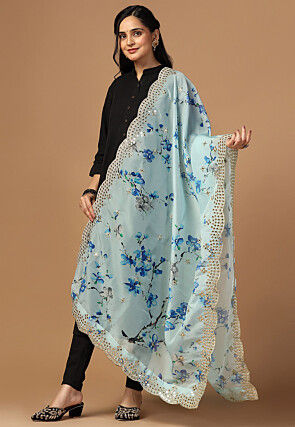 Digital Printed Organza Scalloped Dupatta in Sky Blue
