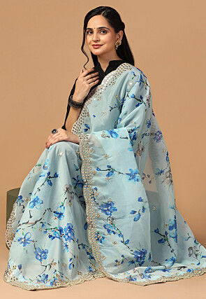 Digital Printed Organza Scalloped Dupatta in Sky Blue