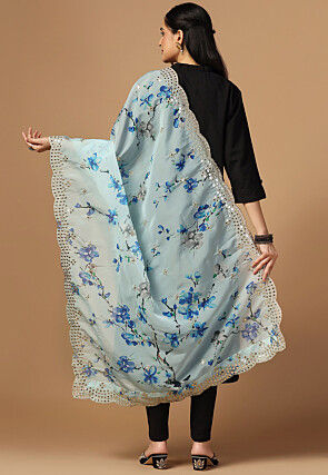 Digital Printed Organza Scalloped Dupatta in Sky Blue