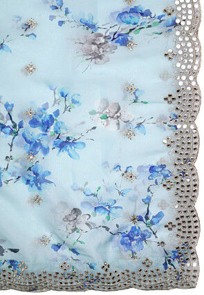 Digital Printed Organza Scalloped Dupatta in Sky Blue