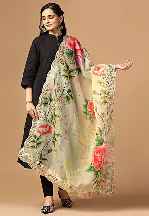 Digital Printed Organza Scalloped Dupatta in Yellow