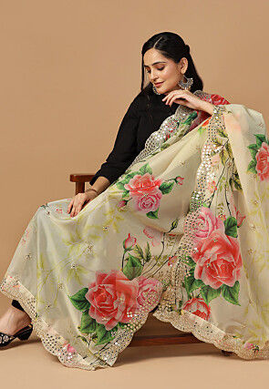 Digital Printed Organza Scalloped Dupatta in Yellow