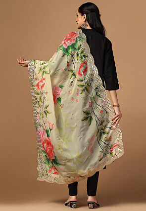 Digital Printed Organza Scalloped Dupatta in Yellow