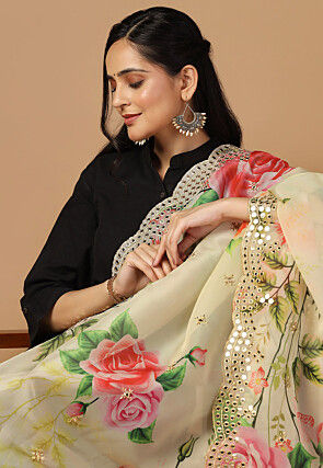 Digital Printed Organza Scalloped Dupatta in Yellow