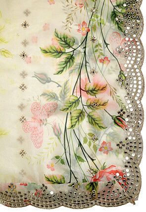 Digital Printed Organza Scalloped Dupatta in Yellow