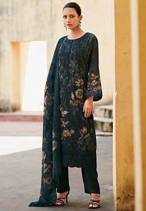 Digital Printed Organza Scalloped Pakistani Suit in Black