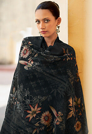 Digital Printed Organza Scalloped Pakistani Suit in Black