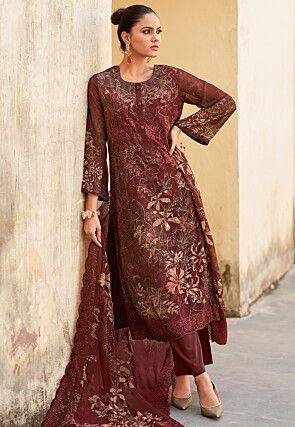 Digital Printed Organza Scalloped Pakistani Suit in Brown