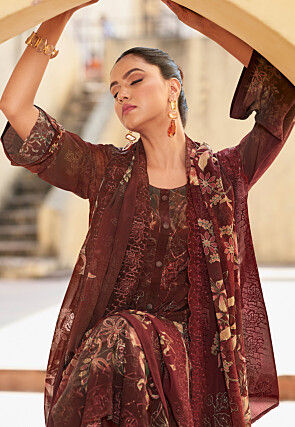 Digital Printed Organza Scalloped Pakistani Suit in Brown