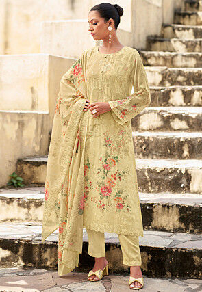 Digital Printed Organza Scalloped Pakistani Suit in Cream