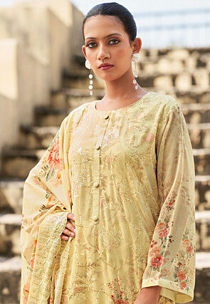 Digital Printed Organza Scalloped Pakistani Suit in Cream