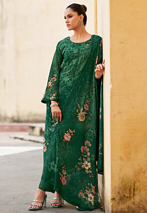 Digital Printed Organza Scalloped Pakistani Suit in Green