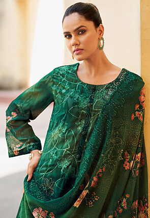 Digital Printed Organza Scalloped Pakistani Suit in Green