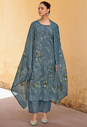 Digital Printed Organza Scalloped Pakistani Suit in Grey