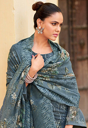 Digital Printed Organza Scalloped Pakistani Suit in Grey