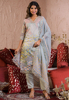 Digital Printed Organza Scalloped Pakistani Suit in Light Grey