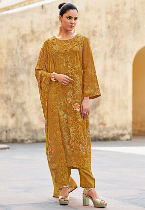 Digital Printed Organza Scalloped Pakistani Suit in Mustard
