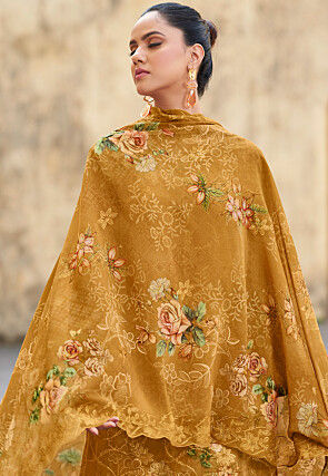 Digital Printed Organza Scalloped Pakistani Suit in Mustard