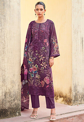 Digital Printed Organza Scalloped Pakistani Suit in Purple