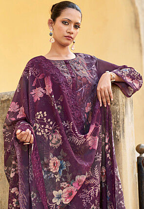 Digital Printed Organza Scalloped Pakistani Suit in Purple