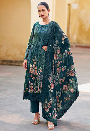 Digital Printed Organza Scalloped Pakistani Suit in Teal Blue