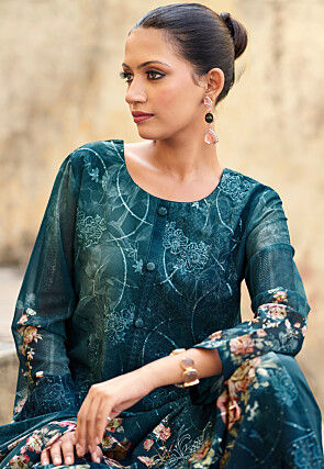 Digital Printed Organza Scalloped Pakistani Suit in Teal Blue