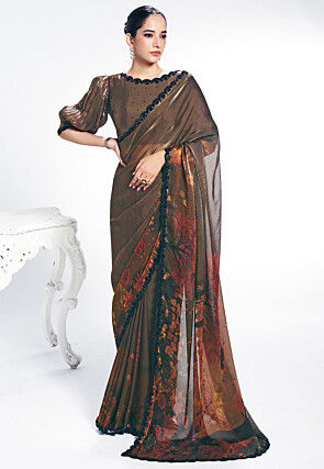 Digital Printed Organza Scalloped Saree in Brown