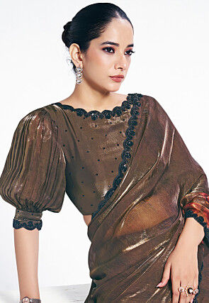 Digital Printed Organza Scalloped Saree in Brown
