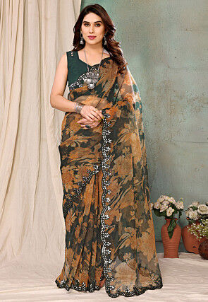 Digital Printed Organza Scalloped Saree in Dark Green