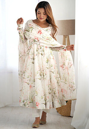 Digital Printed Organza Silk Abaya Style Suit in Cream