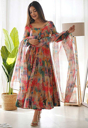 Digital Printed Organza Silk Aline Suit in Beige and Multicolor