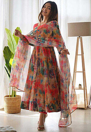 Digital Printed Organza Silk Aline Suit in Beige and Multicolor