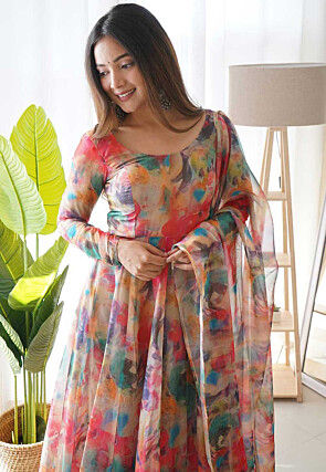 Digital Printed Organza Silk Aline Suit in Beige and Multicolor