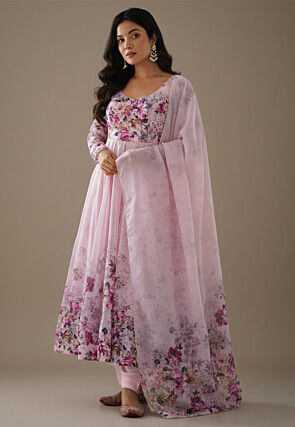 Digital Printed Organza Silk Anarkali Suit in Baby Pink
