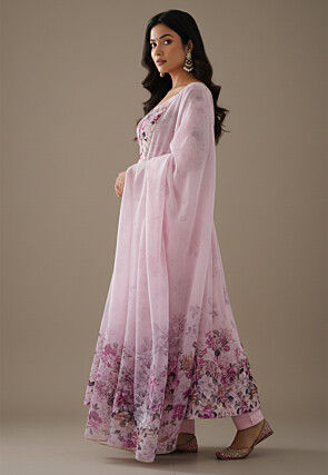 Digital Printed Organza Silk Anarkali Suit in Baby Pink