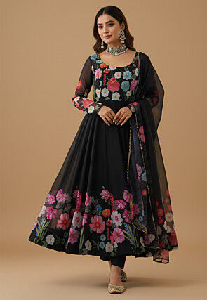 Digital Printed Organza Anarkali Suit in Black